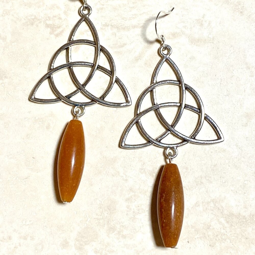 2/$20, Genuine Orange Aventurine Celtic Trinity Sterling Silver Dangle Earrings